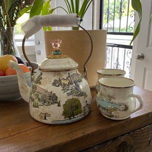 Mackenzie Childs Aurora Tea Kettle and 2 Mugs